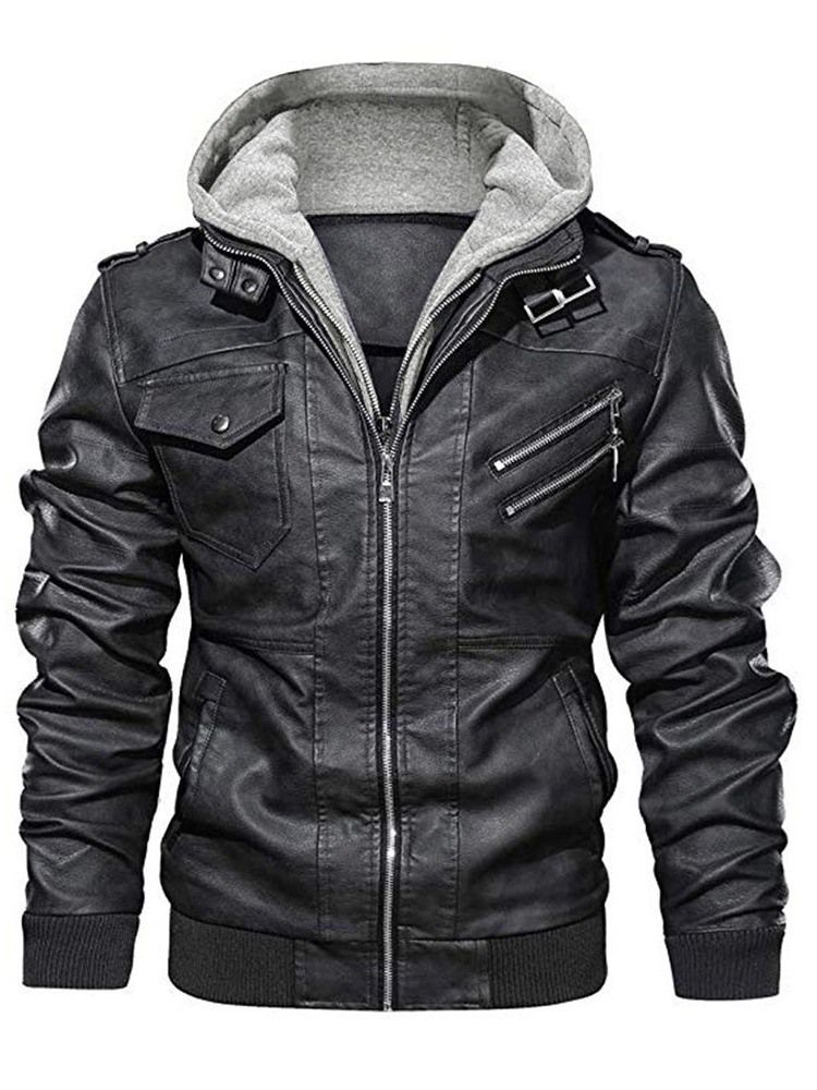 Standard Kapuzen-plain Slim Patchwork Herren Lederjacke