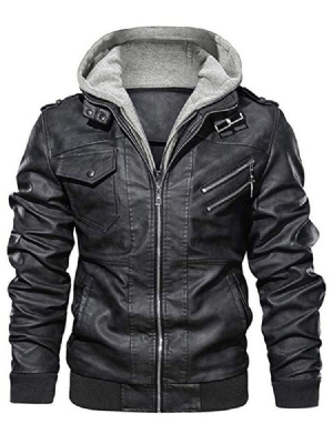 Standard Kapuzen-plain Slim Patchwork Herren Lederjacke