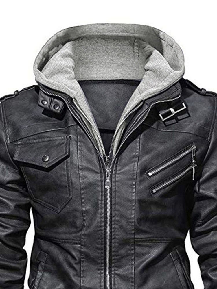 Standard Kapuzen-plain Slim Patchwork Herren Lederjacke