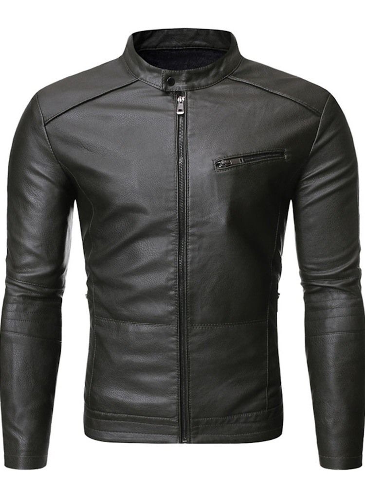 Stehkragen Plain Standard Slim Zipper Leder Herrenjacke