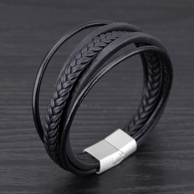 Mehrschichtiges Schwarzes Lederarmband Für Herren