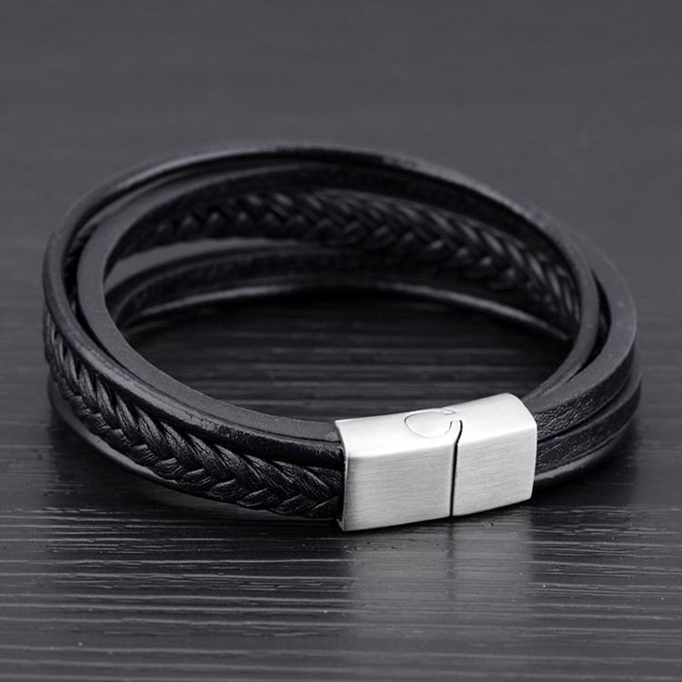 Mehrschichtiges Schwarzes Lederarmband Für Herren