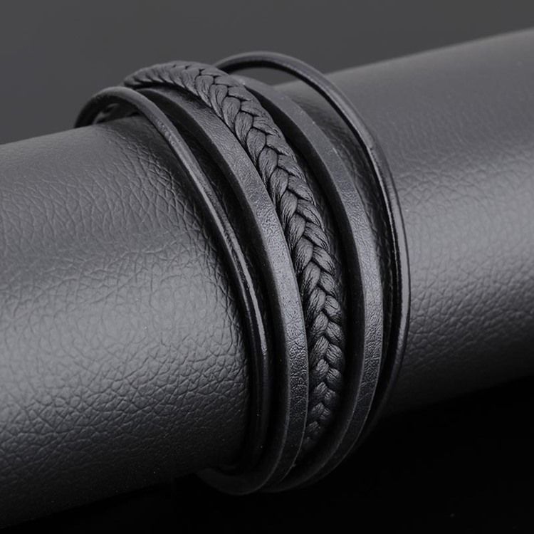 Mehrschichtiges Schwarzes Lederarmband Für Herren