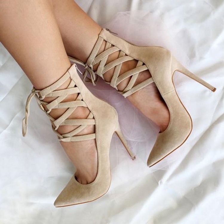 Beige Damen Pumps Mit Kreuzriemen Und Spitzer Zehenpartie