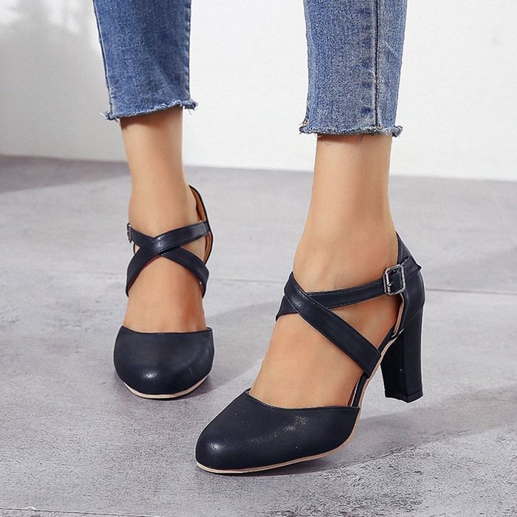 Damen Runde Zehenschnalle Chunky Heel Low-cut Upper Thin Schuhe