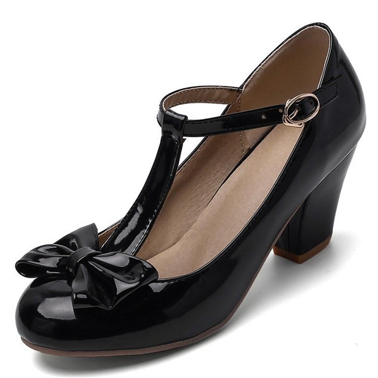 Damen T-förmige Schnalle Chunky Heel Round Toe 7cm Dünne Schuhe