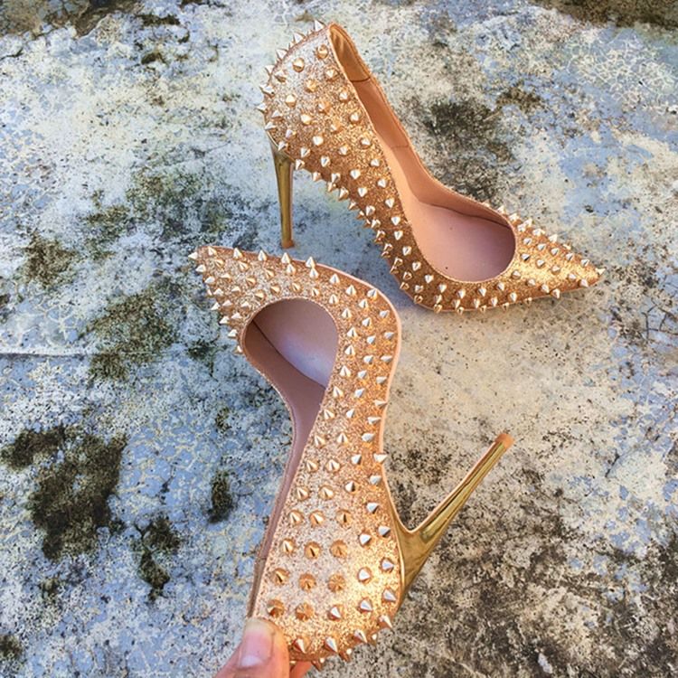 Nieten Spitzschuh Stiletto Heel Schlichte Dünne Damenschuhe