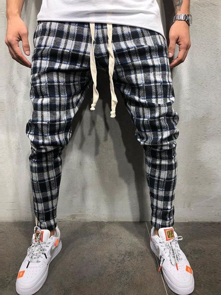 Bleistifthose Plaid Lace-up Mid Waist Herren Freizeithose