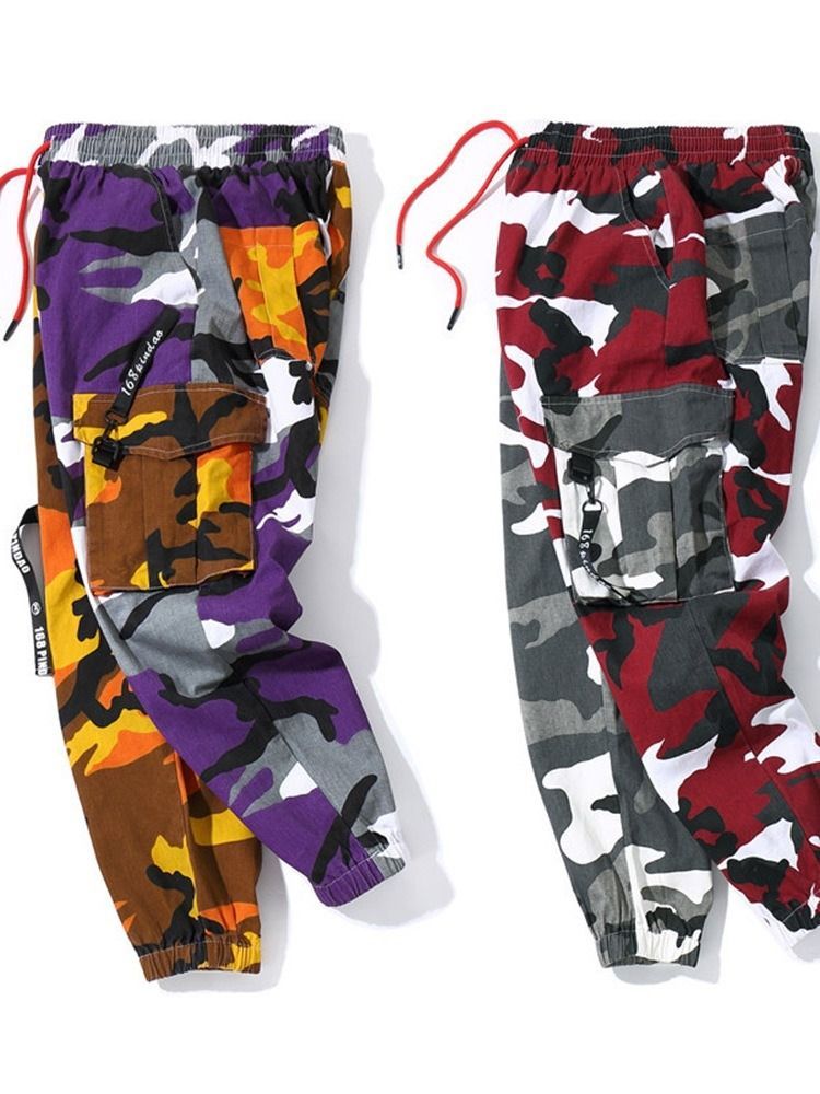 Camouflage Color Print Overall Mid Waist Lace-up Herren Freizeithose