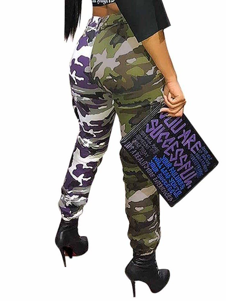 Damen Print Color Block Camouflage High Waist Patchwork Freizeithose