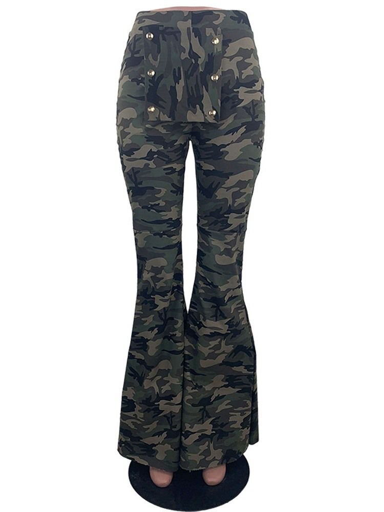 Damen Slim Camouflage Ganzlange Schlaghose Freizeithose