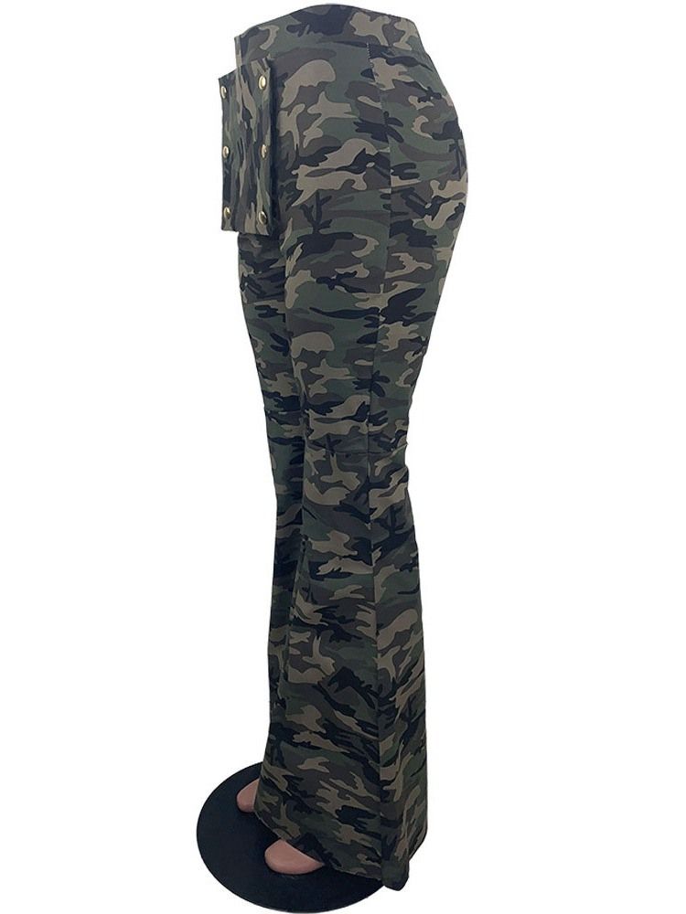 Damen Slim Camouflage Ganzlange Schlaghose Freizeithose