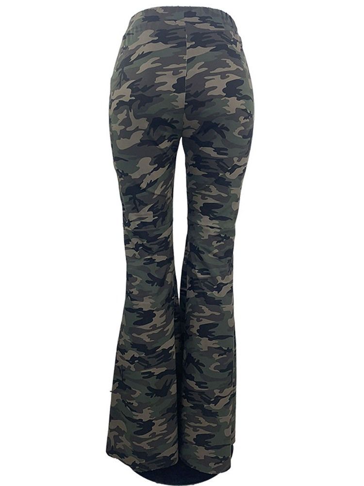 Damen Slim Camouflage Ganzlange Schlaghose Freizeithose