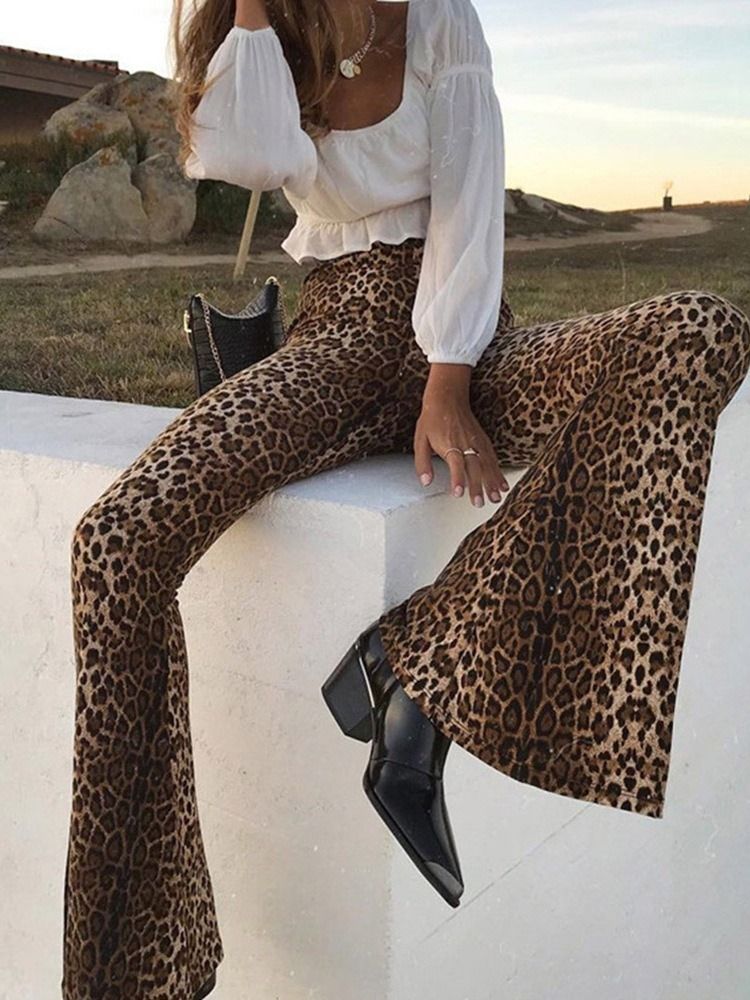 Damen Slim Leopard Mid Waist Full Length Wide Legs Casual Pants