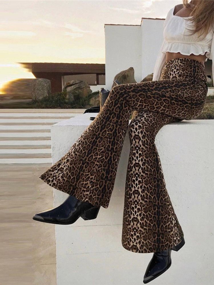 Damen Slim Leopard Mid Waist Full Length Wide Legs Casual Pants