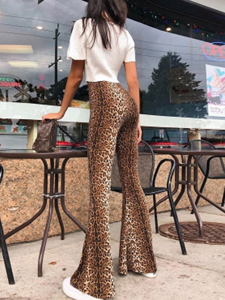 Damen Slim Leopard Mid Waist Full Length Wide Legs Casual Pants