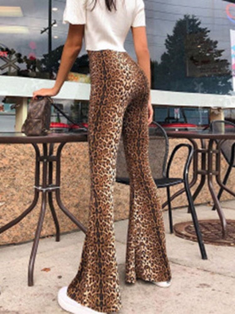 Damen Slim Leopard Mid Waist Full Length Wide Legs Casual Pants