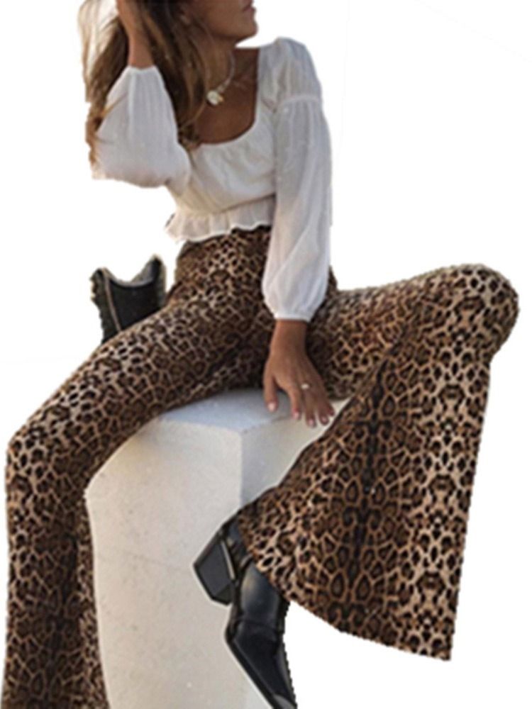 Damen Slim Leopard Mid Waist Full Length Wide Legs Casual Pants