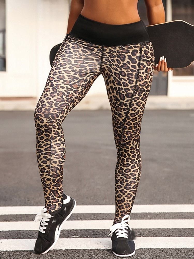 Damen-sportleggings Mit Leopardentaschen Und Hoher Taille