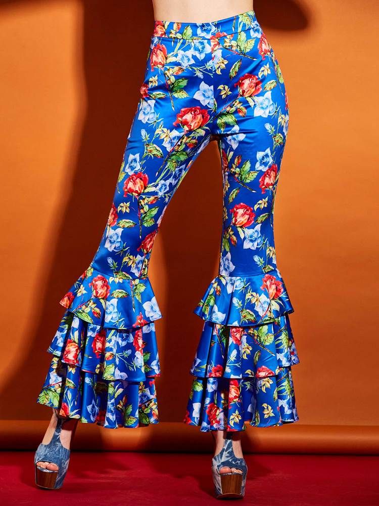 Damenhose Mit Elastischen Rüschen Und Blumen-schlaghosen