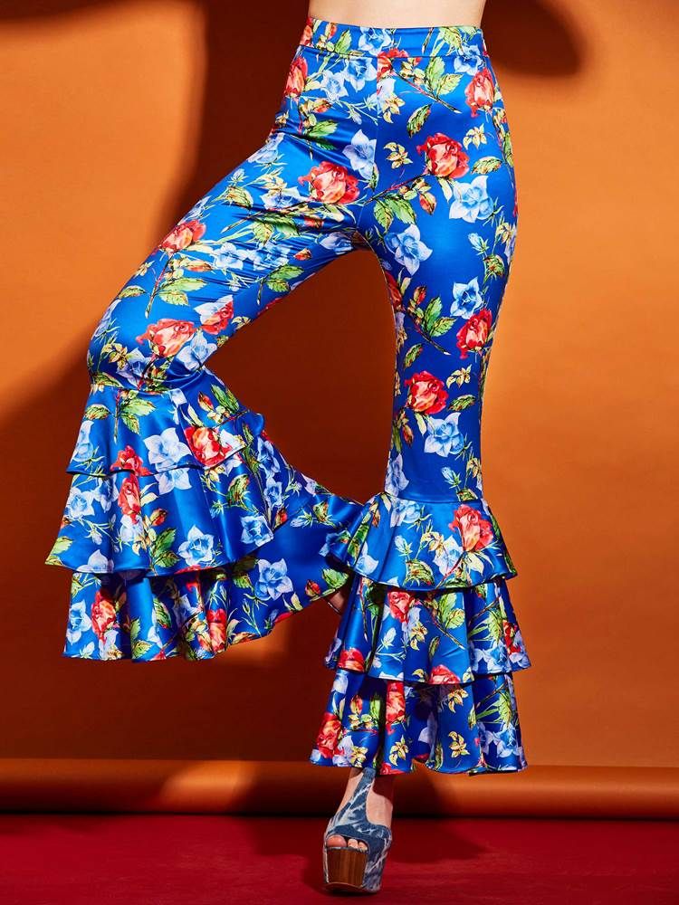 Damenhose Mit Elastischen Rüschen Und Blumen-schlaghosen