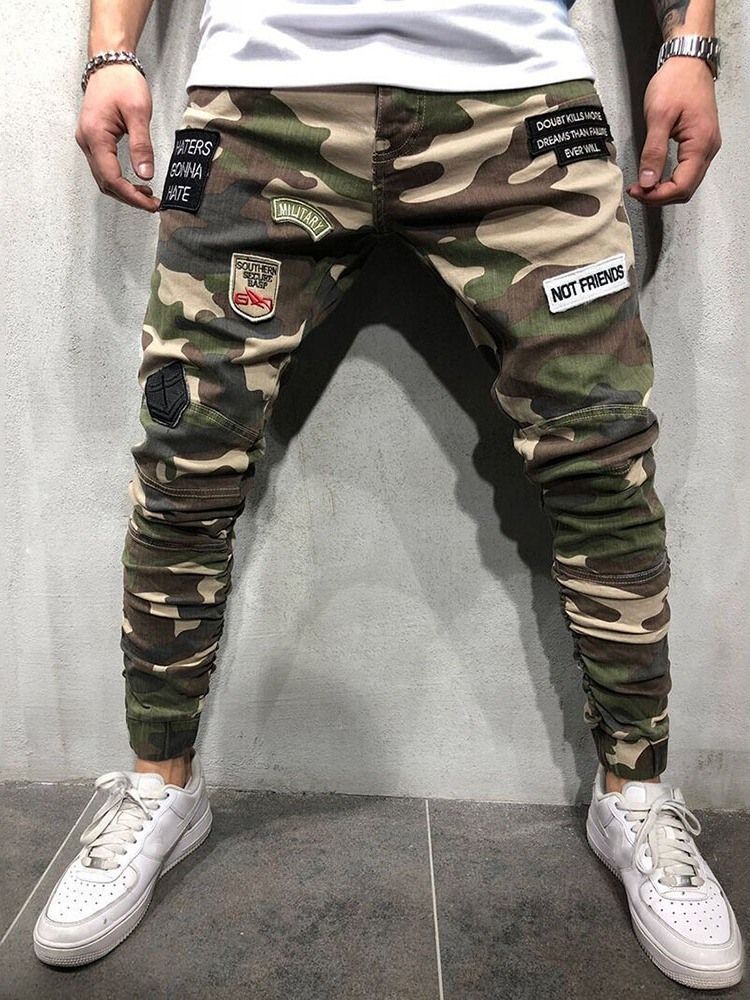 Herren Bleistift Camouflage Applikationen Reißverschluss Europäische Freizeithose