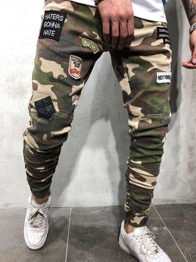 Herren Bleistift Camouflage Applikationen Reißverschluss Europäische Freizeithose