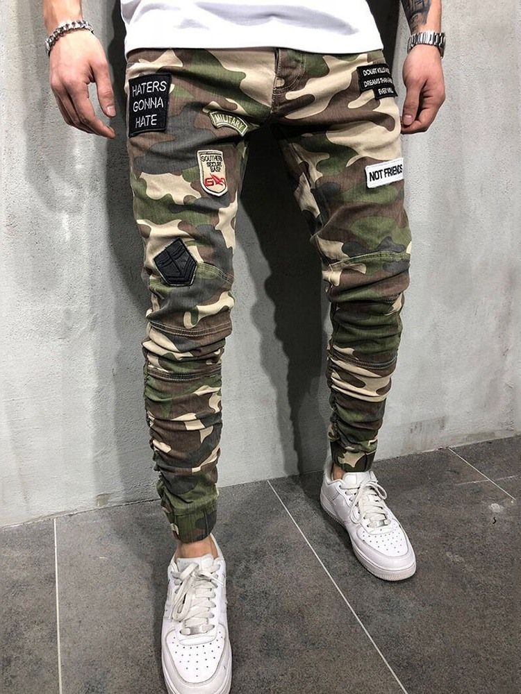 Herren Bleistift Camouflage Applikationen Reißverschluss Europäische Freizeithose