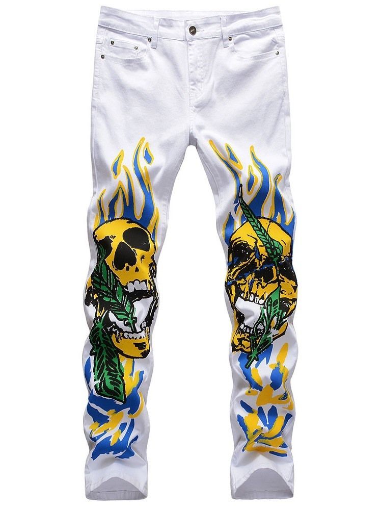 Herren Print Straight Skull Mid Waist Four Seasons Freizeithose