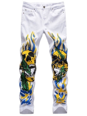 Herren Print Straight Skull Mid Waist Four Seasons Freizeithose