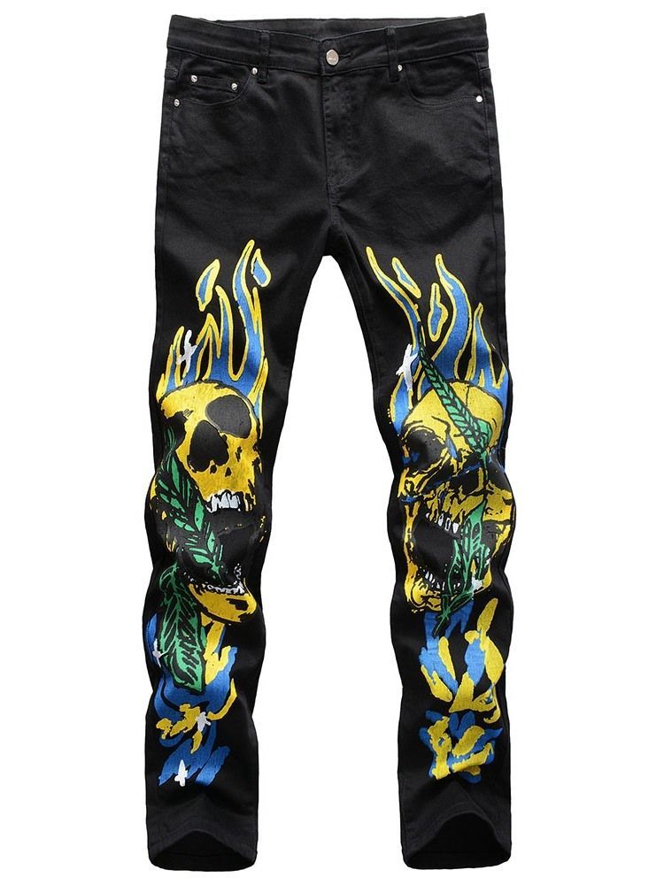 Herren Print Straight Skull Mid Waist Four Seasons Freizeithose