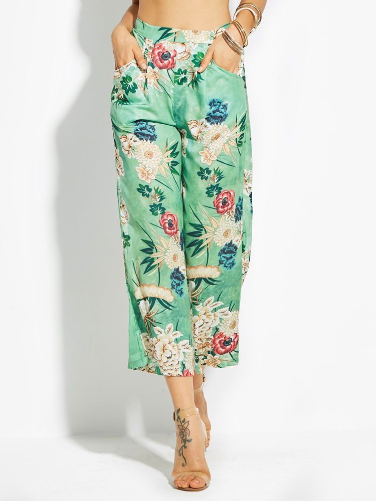 Loose Flower Print Wide Legs Damenhose