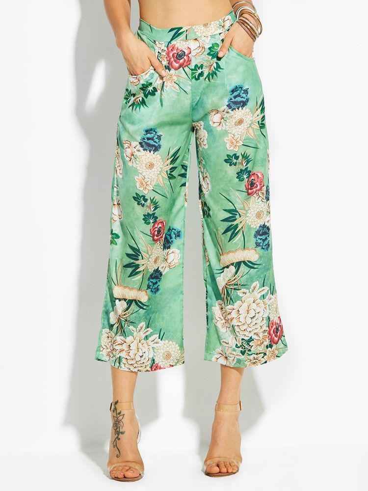 Loose Flower Print Wide Legs Damenhose