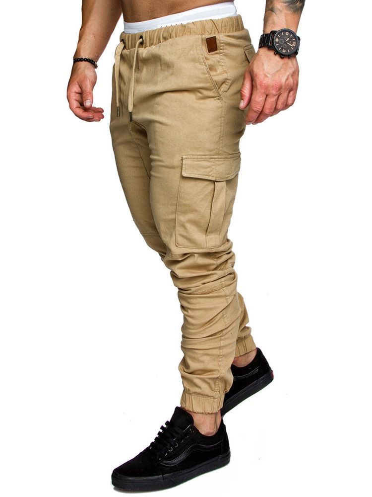 Plain Khaki Lace Up Pocket Herren Freizeithose