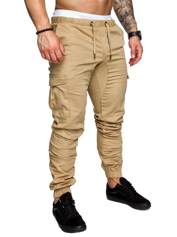 Plain Khaki Lace Up Pocket Herren Freizeithose