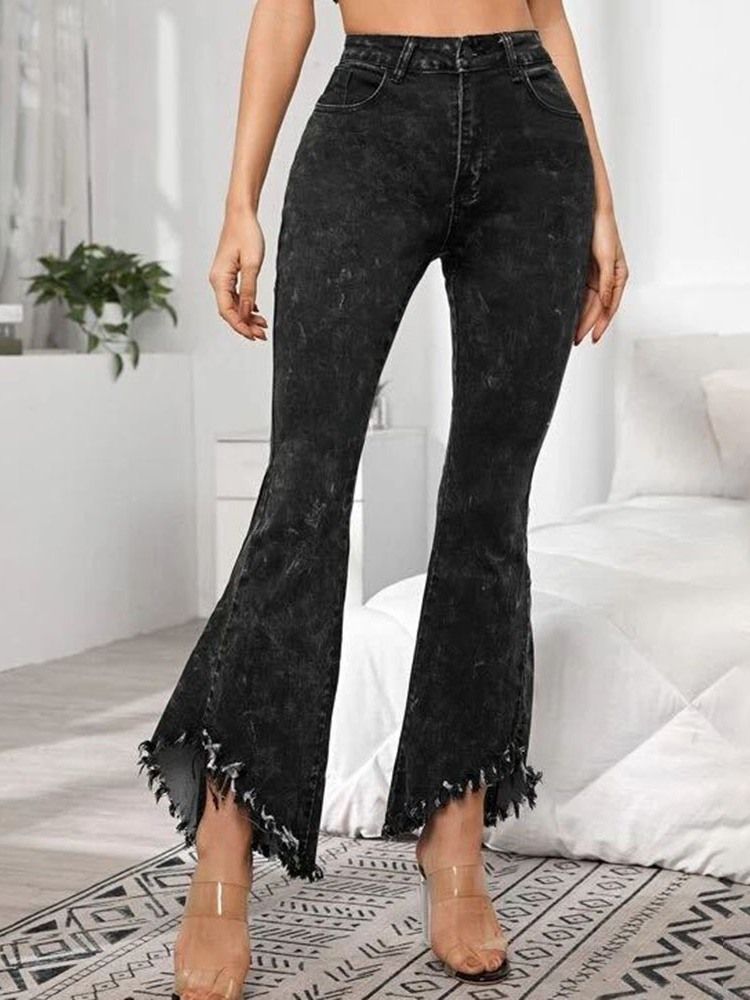 Plain Slim Zipper Mid Waist Bellbottoms Casual Damenhosen