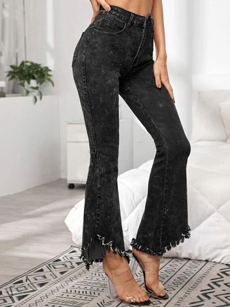 Plain Slim Zipper Mid Waist Bellbottoms Casual Damenhosen