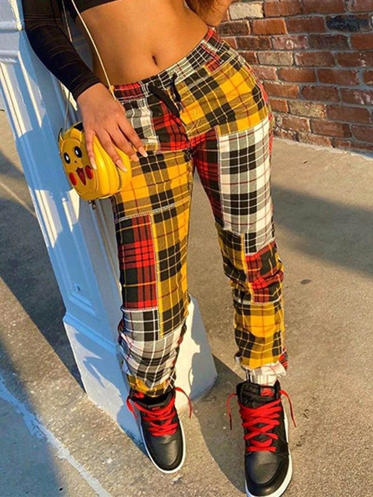 Slim Print Plaid Low Waist Full Length Casual Damenhosen