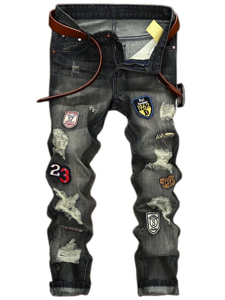 Straight Denim Holes Medal Patched Unique Herrenhose