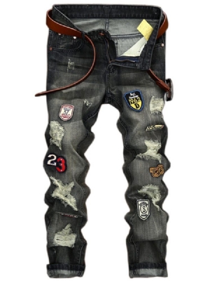 Straight Denim Holes Medal Patched Unique Herrenhose