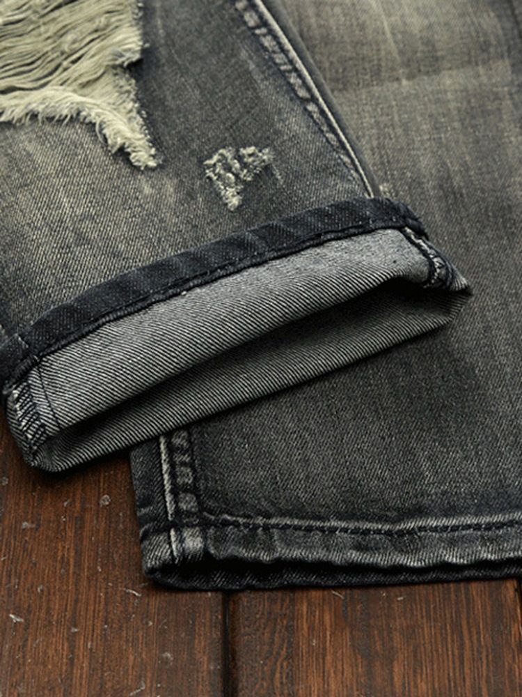 Straight Denim Holes Medal Patched Unique Herrenhose