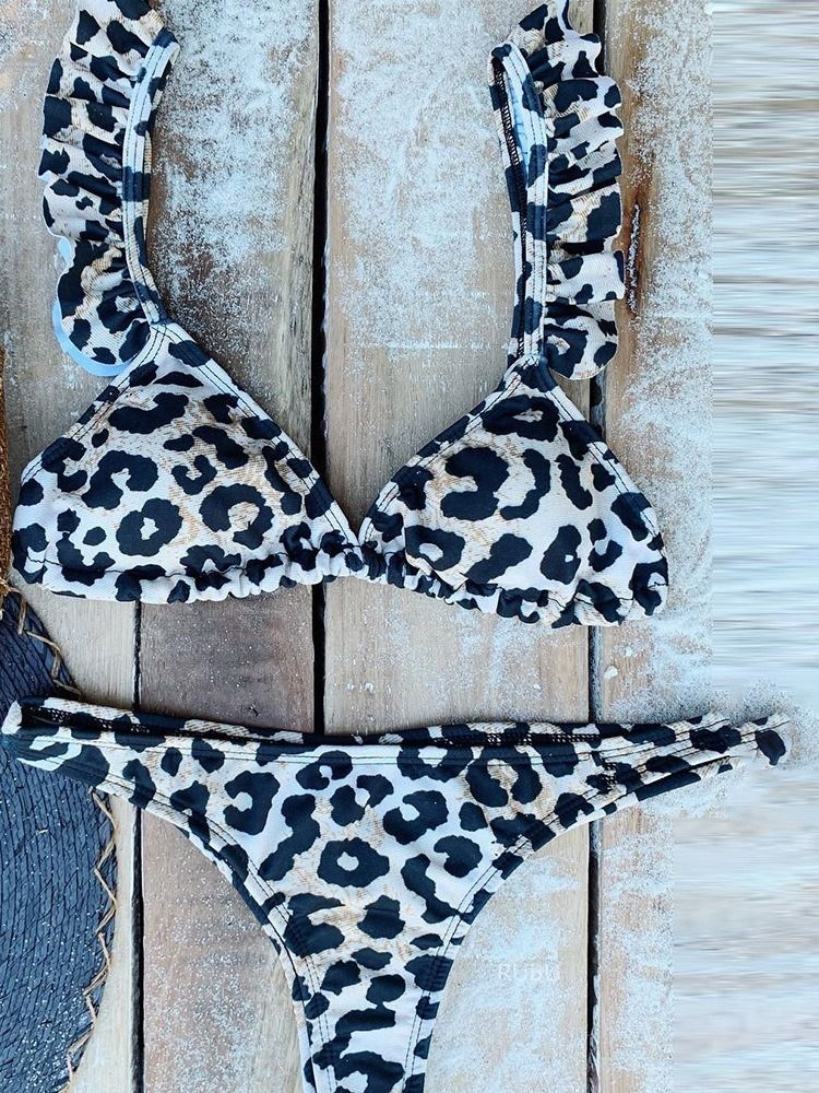 Damen Falbala Leopard Bikini Set Bademode