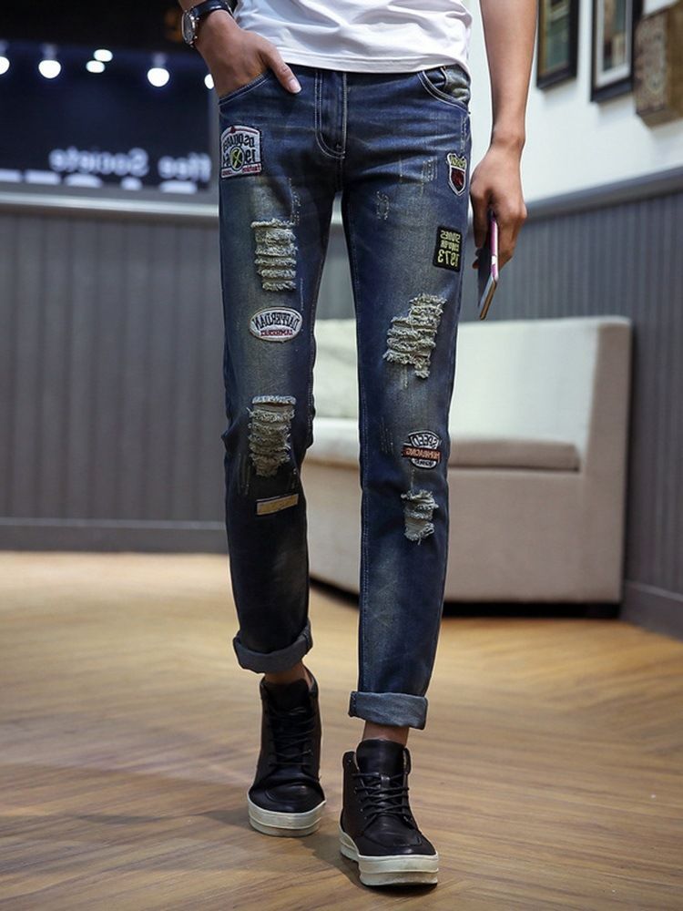 Bleistift Buchstabenloch Lässige Herren Jeans Mit Mittlerer Taille