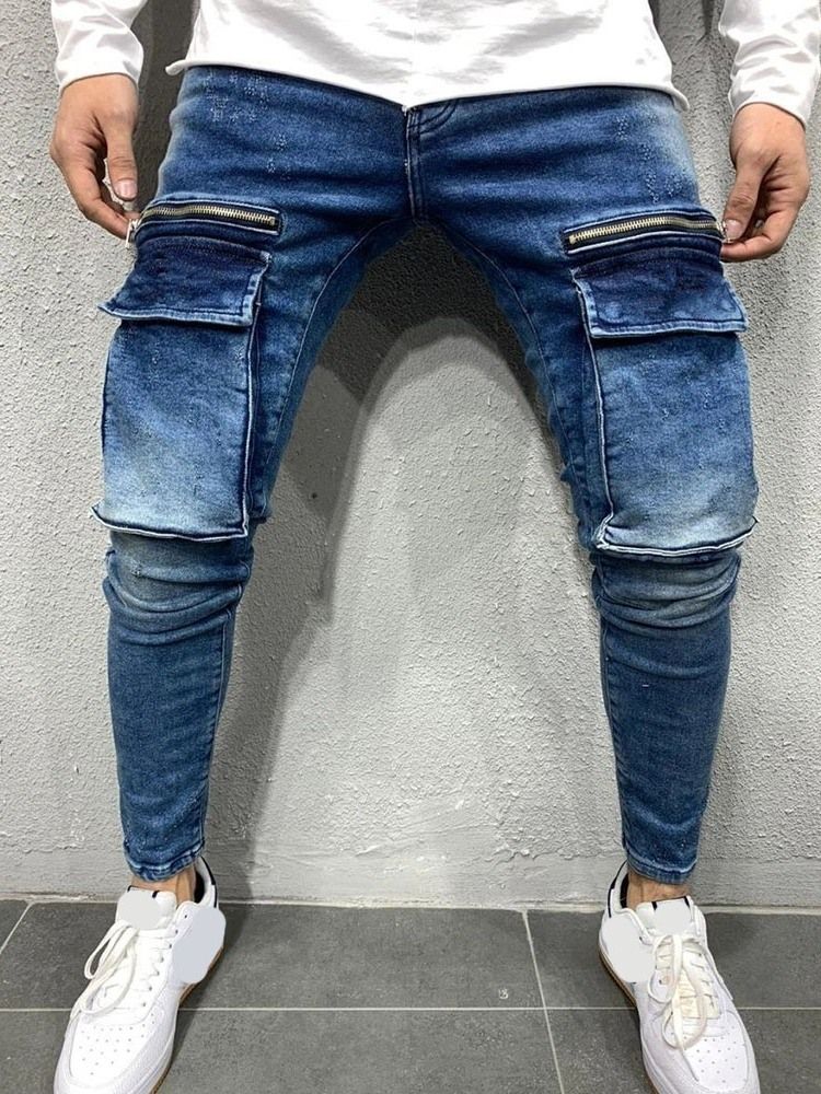 Bleistift Hosentasche Lässige Herren Jeans Mit Mittlerer Taille