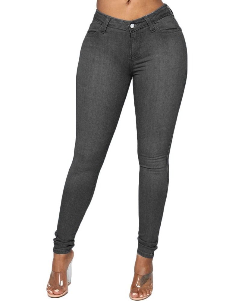 Bleistifthose Button Plain Damen Slim Mid Waist Jeans