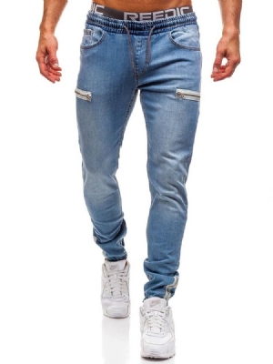 Bleistifthose Einfarbig Reißverschluss Niedrige Taille Lässige Herrenjeans