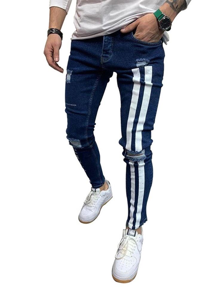 Bleistifthose Farbblock Patchwork Mittlere Taille Europäische Herrenjeans Men