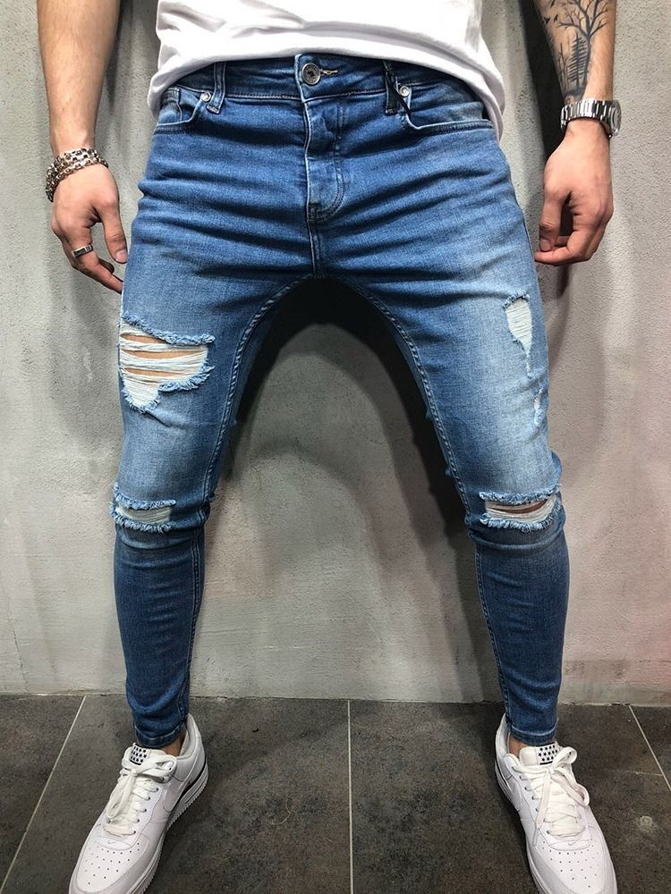 Bleistifthose Getragen Dünner Mittelhoher Reißverschluss Herrenjeans