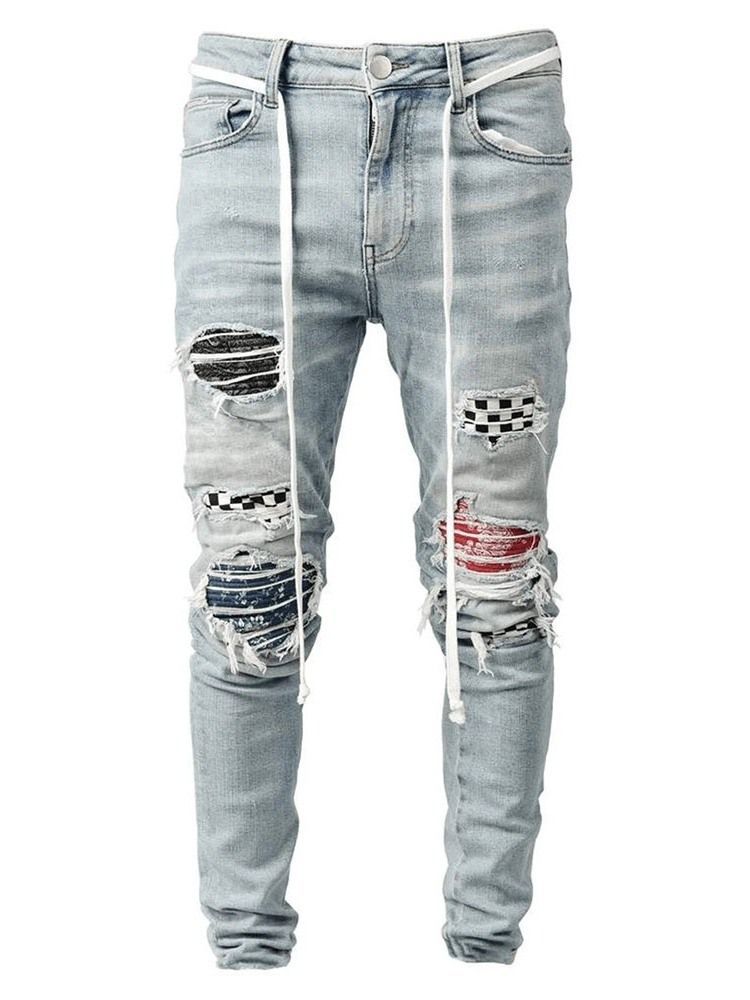 Bleistifthose Plaid Patchwork Mid Waist Hip Hop Herren Jeans