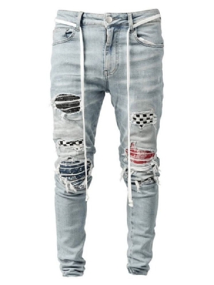 Bleistifthose Plaid Patchwork Mid Waist Hip Hop Herren Jeans